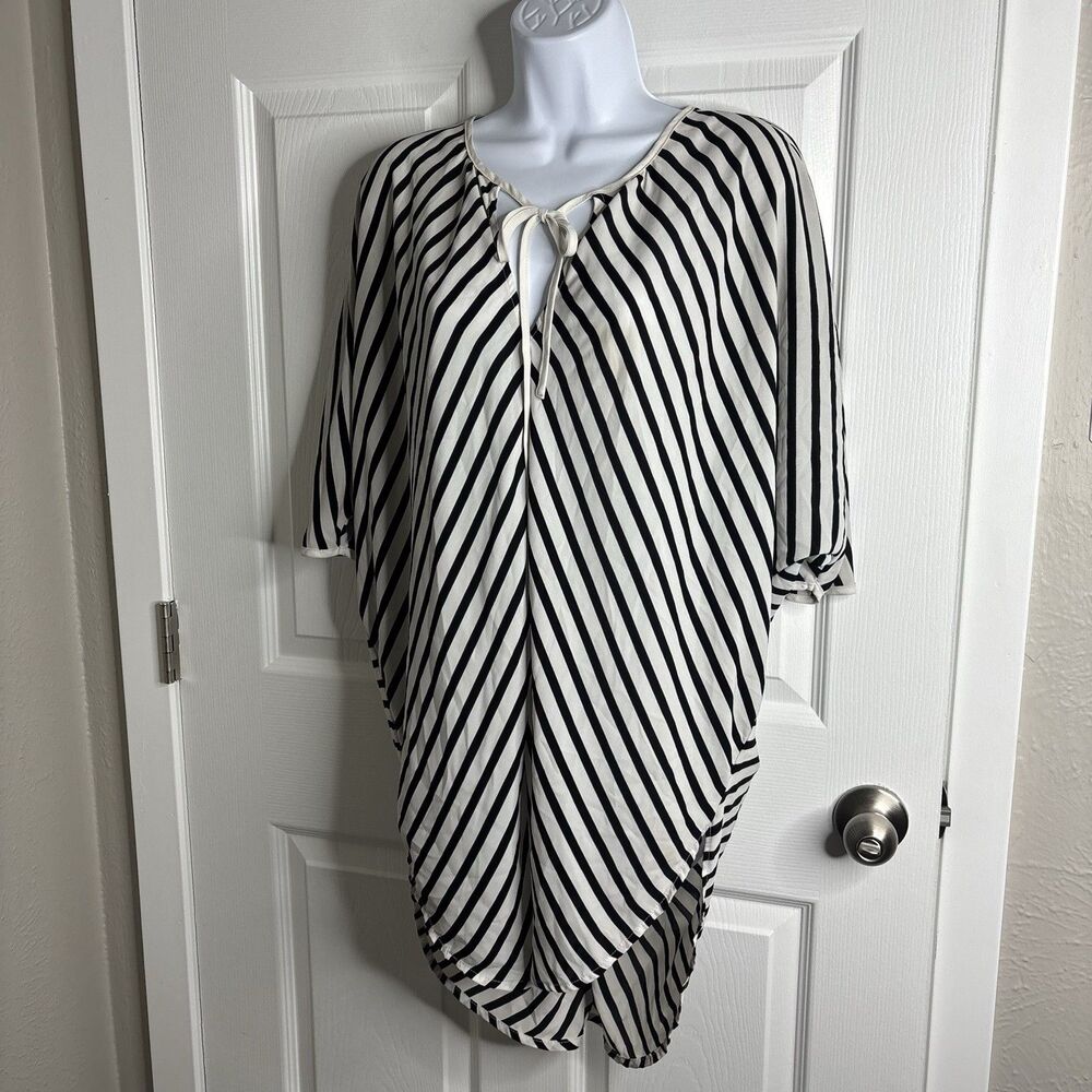 Mossimo Size S Black White Striped Tie Neck Flowy Tunic Blouse